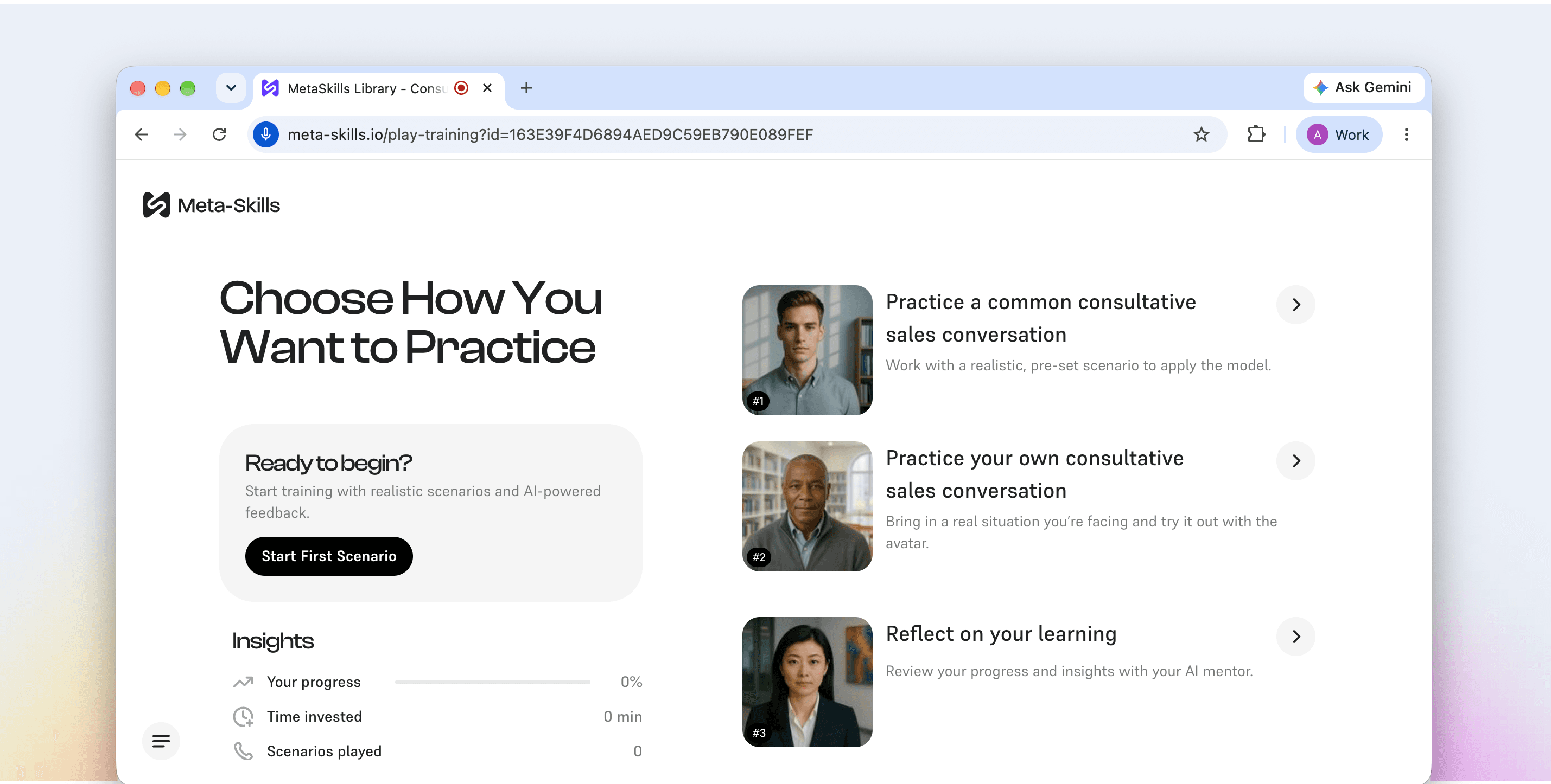 Meta-Skills practice screen with AI avatars for sales conversations and learning reflection