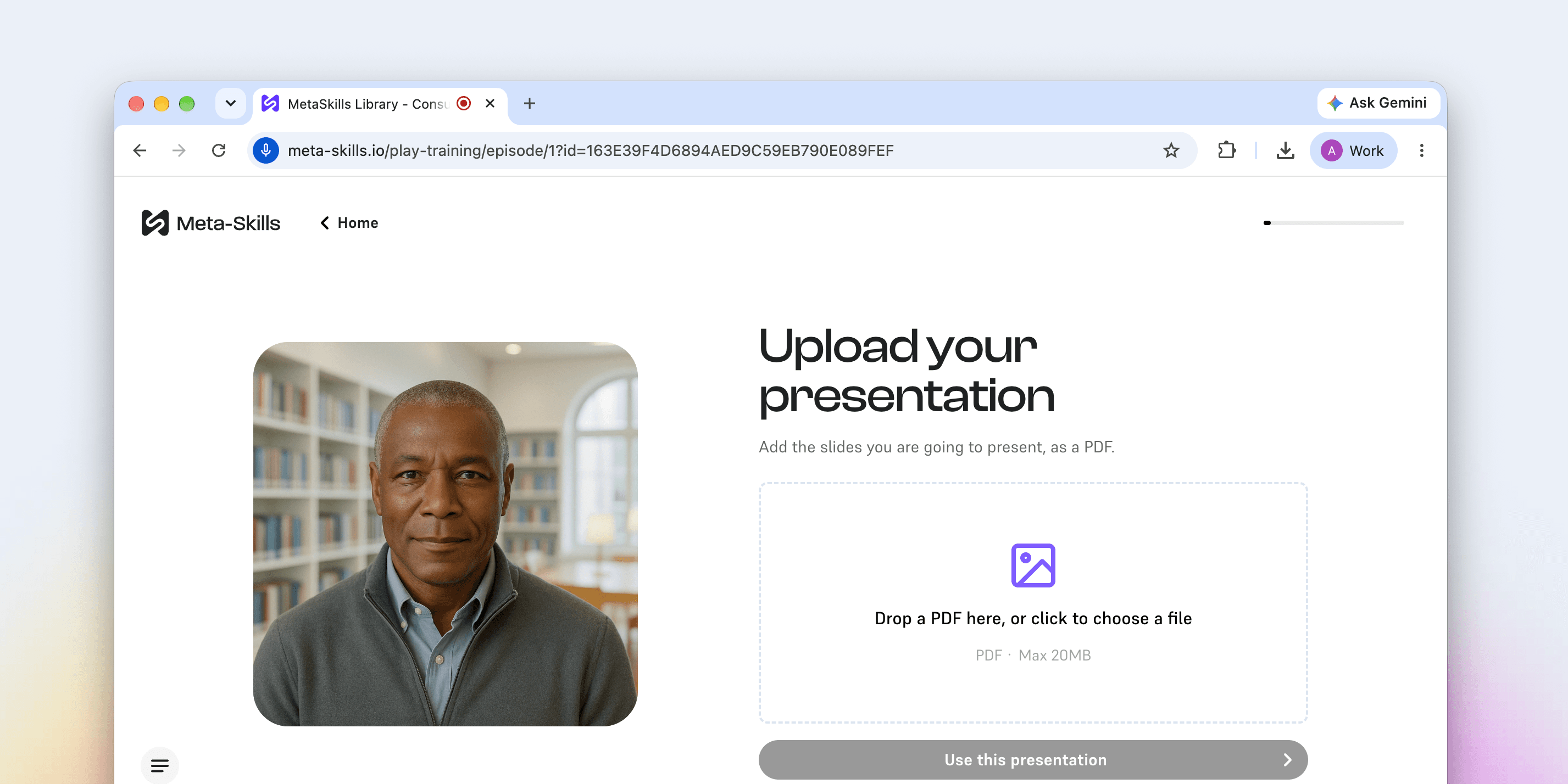 Meta-Skills presentation practice with an avatar and a slide upload area