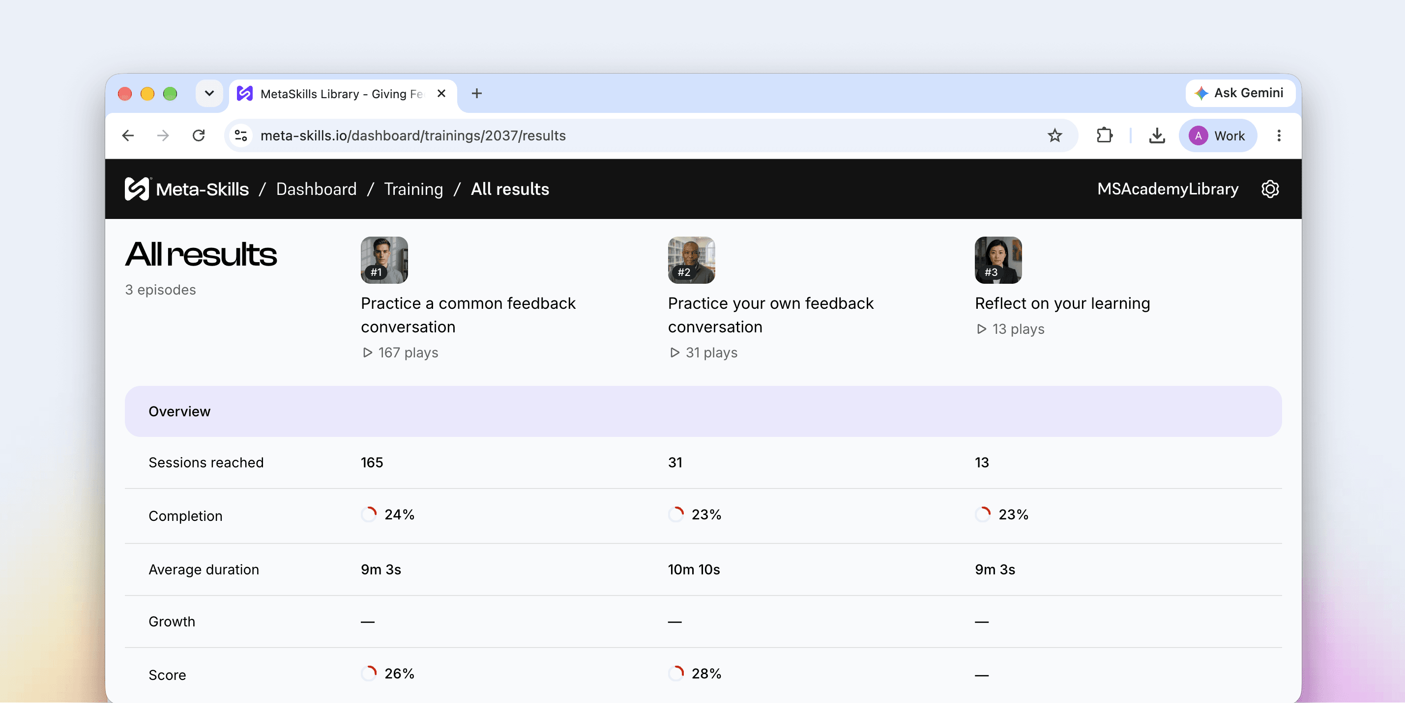 Meta-Skills All Results dashboard comparing training episode results