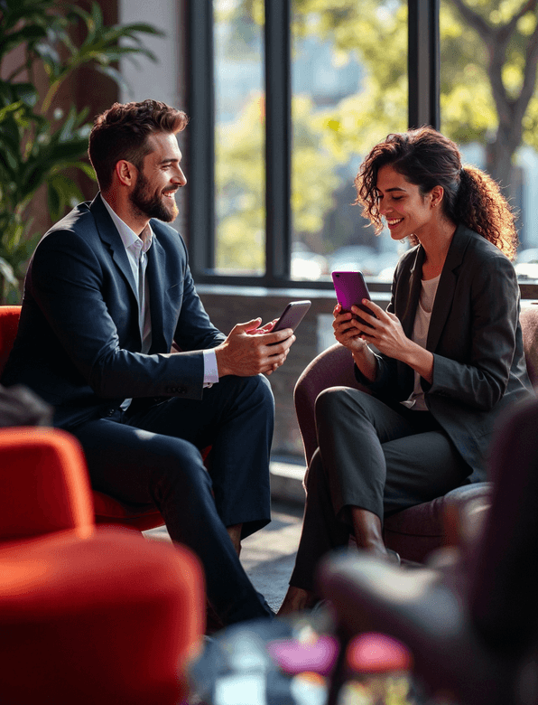 Illustration of two colleagues practising a workplace conversation