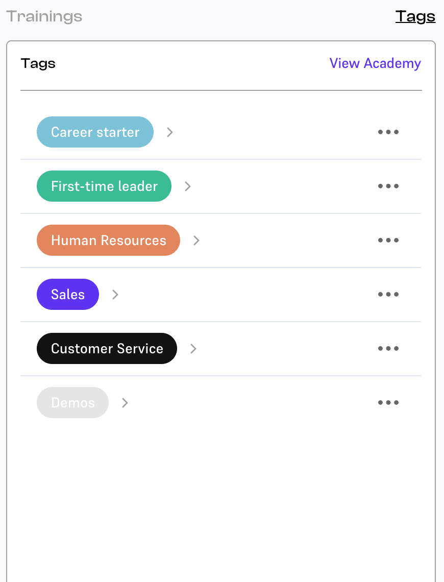 Avatar Studio tag list showing categories for training modules
